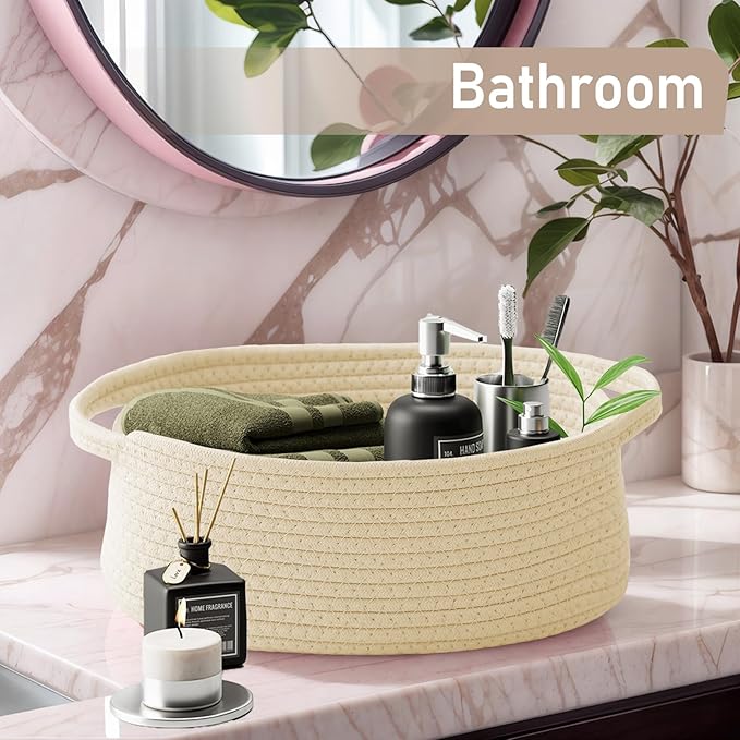 Woven Basket, Small Rope Storage Bin with Handles & Ribbon Bag, Organizer for Shelves Closets, Empty Gift Basket for Birthday, Books, Dog Toys, Beige/2 Pack
