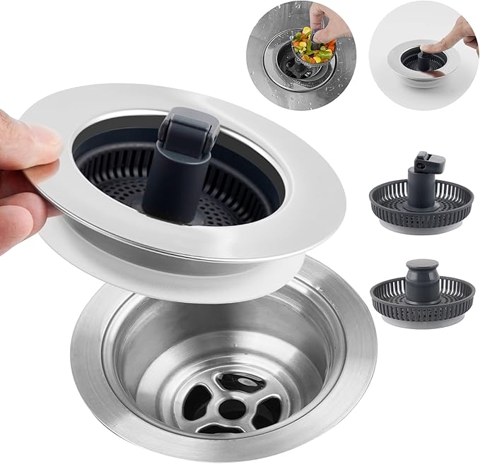 Hibbent 3 in 1 Kitchen Sink Drain Strainer, Stainless Steel Wrapped Shell Drain Stopper Combo, Pop Up Sink Stopper, 3 Anti-Clogging Basket Strainer with Foldable Handle for US Standard 3-1/2" Drain