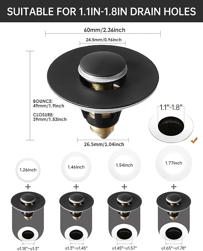 Fransiton 2 Pack Bathroom Sink Stopper, 1.1-1.77 Inch Basin Pop Up Black Sink Drain Stopper, Anti Clogging Drain Plug with Detachable Hair Catcher
