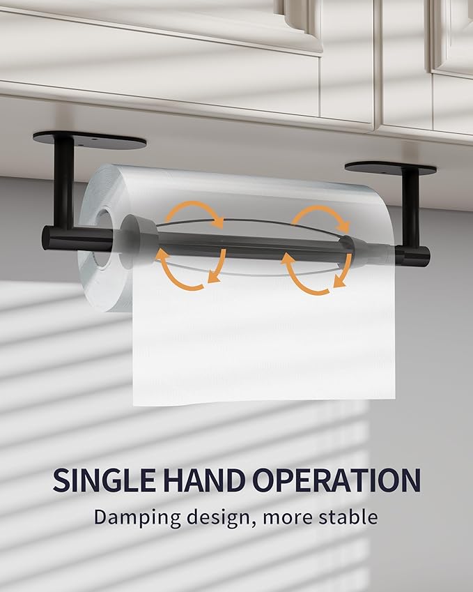 WZKALY Paper Towel Holder Under Cabinet, Self Adhesive or Wall Mount for Kitchen Bathroom, Stainless Steel Paper Towel Holders with Damping Effect, Single Hand Operable (Matte Black)