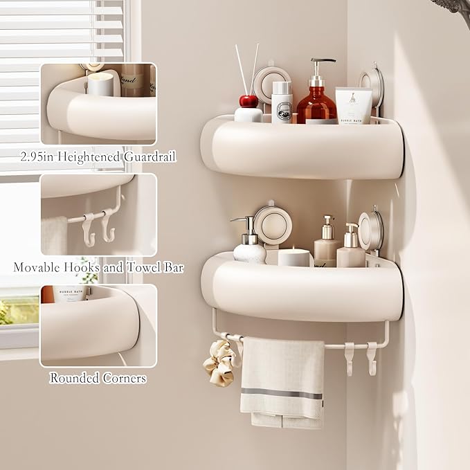 Shower Caddy Suction Cup, 2 Pack No Drilling Corner Shower Shelves, Rust Proof Bathroom Storage Organizer, Shower Corner Caddy with Removable Hooks and Towel Bar, Triangle, White