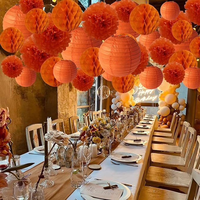 WOLHOWLTD Orange Paper Decoration Set - 34 Pcs Paper Lanterns, Pompoms, Honeycomb for Wedding,Harvest, Halloween,School Day,Bridal Baby Shower,Rainbow Birthday Party Classroom,Home Decoration (orange)