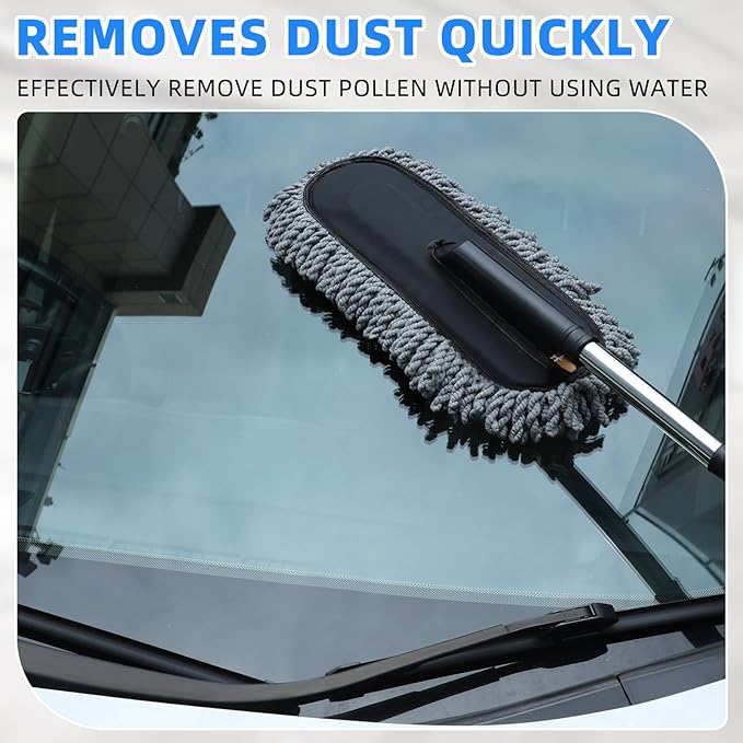 Tanlade 2 Pack Microfiber Car Duster Exterior Scratch Free with Extendable Handle Soft Car Duster Kit for Cleaning Dust Brush Set for Exterior Interior Cleaning Tools (Blue Gray)
