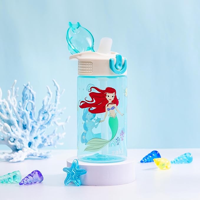 Zak Designs Disney Princess Sage Water Bottle For School or Travel, 16oz Durable Plastic Water Bottle With Straw, Handle, and Leak-Proof, Pop-Up Spout Cover (Ariel & Jasmine)