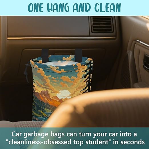KXWQTRDD Car Garbage Bag Mountain Lake and Sunrise Drawstring Car Trash Bag Hanging for Back Seat with Adjustable Buckle Canvas Vehicle Trash Can Easy-to-Install