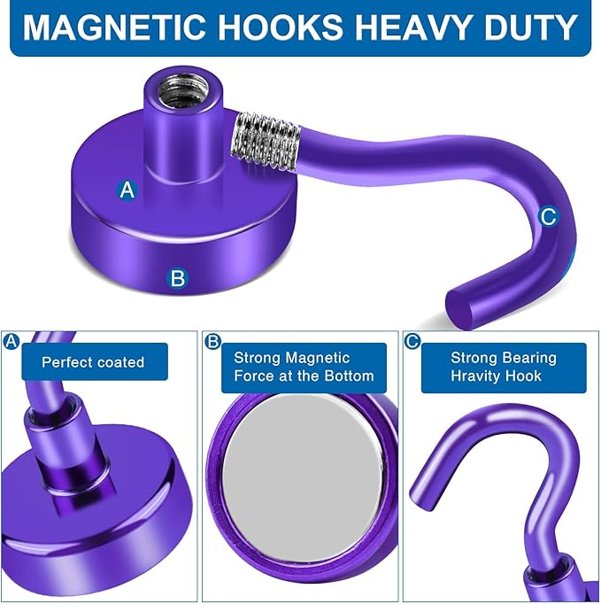 LOVIMAG Strong Magnet Hooks, 170Lbs Metal Heavy Duty, Purple with Hooks for Hanging, Cruise Cabins, Refrigerator - 4 Pack