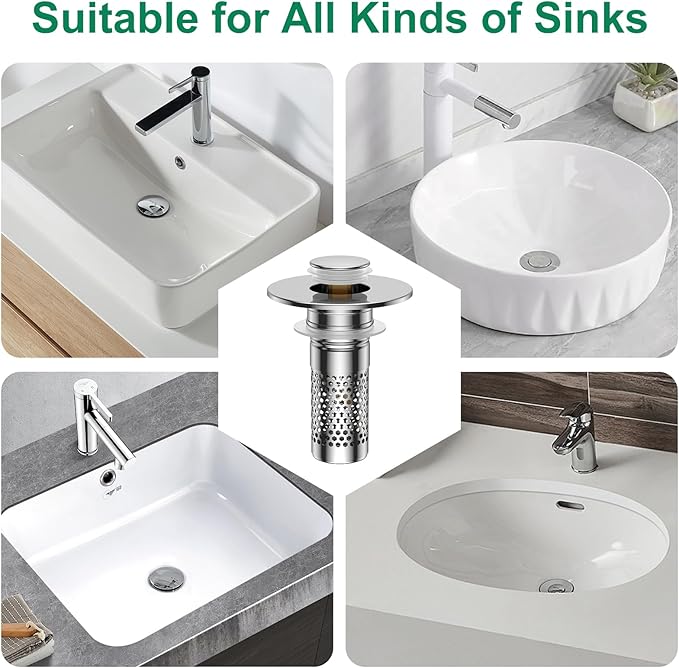 Bathroom Sink Drain Strainer,Universal Pop-Up Sink Stopper Hair Catcher, Anti-Clog Stainless Steel Drain Filter Basket, Removable Sink Drain for Bathroom Sink Stopper Replacement