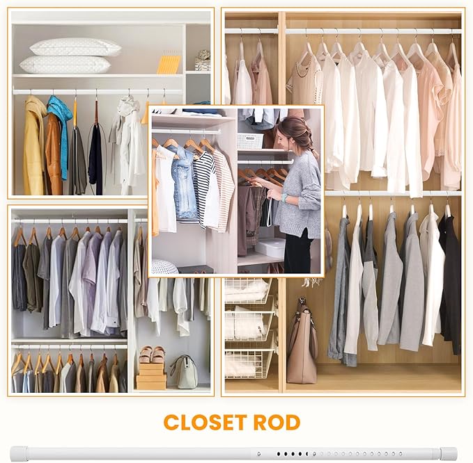 Oval Closet Rod for Hanging Clothes Adjustable Closet Rods 18 to 87 Inch Heavy Duty White Poles Bar Closet Rod Expandable for Wardrobes Laundry RV
