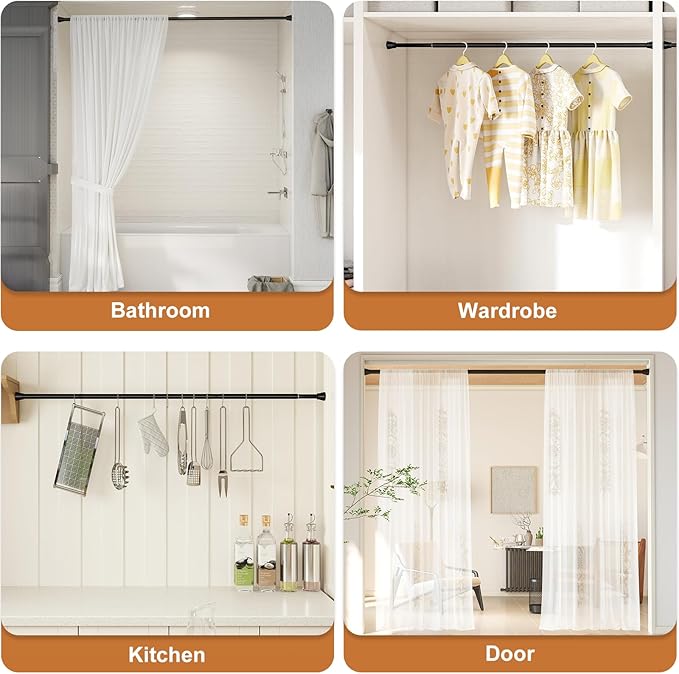 Spring Tension Curtain Rod for Windows 45 to 77 inch Black Long Tension rod Adjustable Spring Curtain Rods No Drilling Short Tension Rod for Kitchen, Closet, Bathroom, Bookshelf