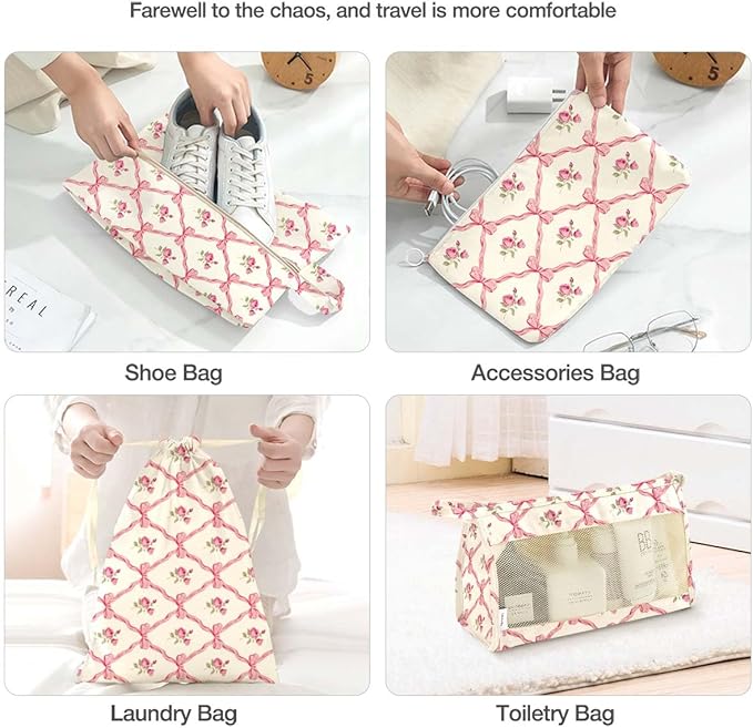 8 Set Packing Cubes for Suitcases, Packing Cube with Shoe, Cosmetics, Clothing, and Accessories Bags, Packing Cubes for Travel, Luggage Organizer for Women and Men (Bow Flowers)