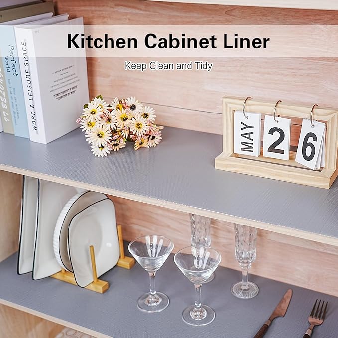 Drawer and Shelf Liner for Kitchen Cabinet,Non-Adhesive Cabinet Liner 18in x 10FT,Waterproof Shelf Paper Non-Slip Mats Cupboard Liners Contact Protect Dresser/Shelves/Table-Grey