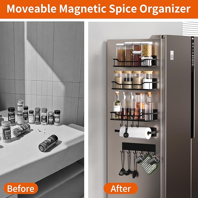 Magnetic Spice Rack, Multifunctional Magnetic Shelf for Washing Machine, Refrigerator, Microwave, and Any Metal Surface, Powerful Magnetic Shelves Include Magnetic Paper Towel Holder (5 pcs - Black)