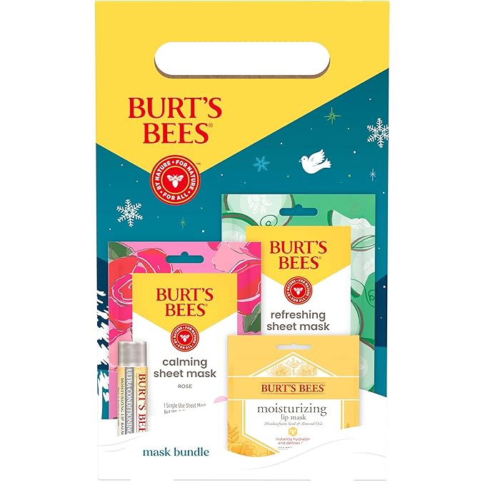 Burt’s Bees Christmas Gifts, Mask Bundle Stocking Stuffers Gift Set; Moisturizing Lip Mask, Ultra Conditioning Lip Balm, Refreshing Sheet Mask, Calming Sheet Mask; Festive Packaging; 1 Gift Set