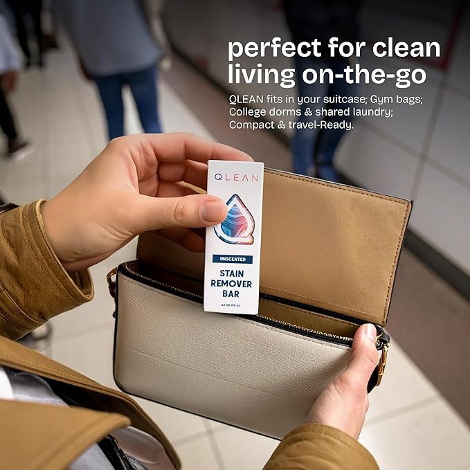 QLEAN Vegan Stain Remover Bar for Fabrics, Laundry Bar Soap for Clothes – Plant-Based, Travel-Friendly Stain Remover for Grease, Wine, Coffee, Grass & More – Non-Toxic & Safe for Delicates (1)