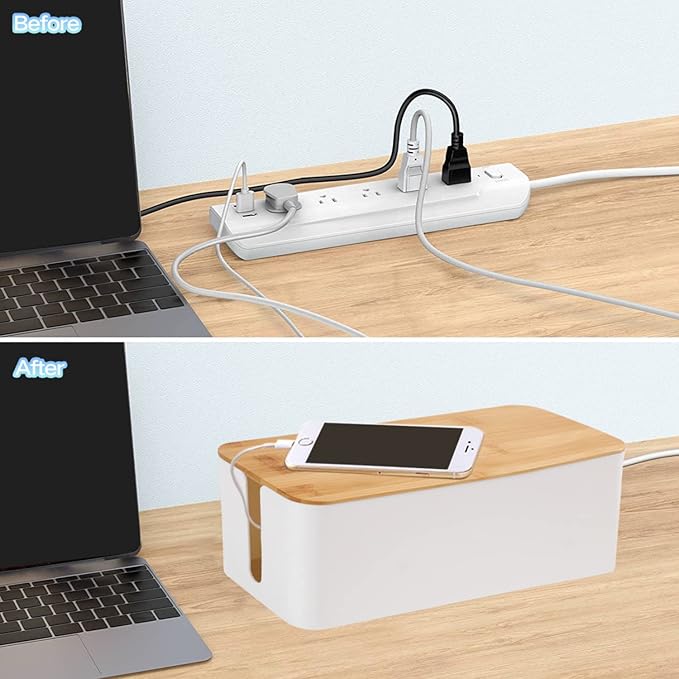 Cable Management Box Organizer, Set of 2 Bamboo Lid Large Storage Wire Holder to Conceal and Hide Surge Protector, Power Strips, and Cords on Desk and Floor, with 5 Cable Ties for Home Office, Computer, TV, and USB Hub
