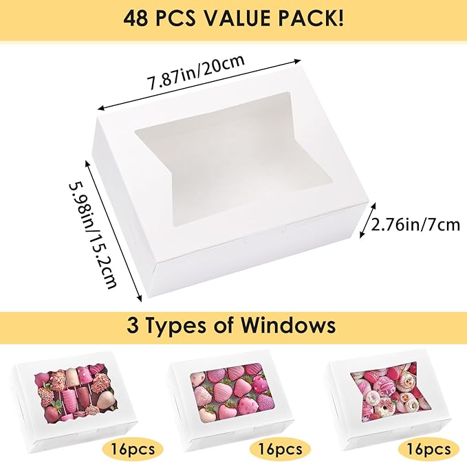 Moretoes 48pcs Cookie Boxes with Window, 8x6x2.5 Inch 3 Style Pastry Boxes for Treat, Chocolate Covered Strawberries, Candy, Muffins, Donuts