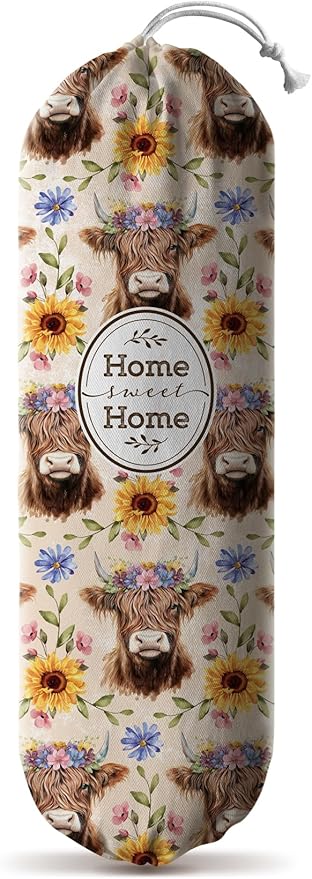 Hglian Plastic Bag Holder Retro Highland Cow and Flowers Grocery Bag Holder Storage Organizer Extra Large
