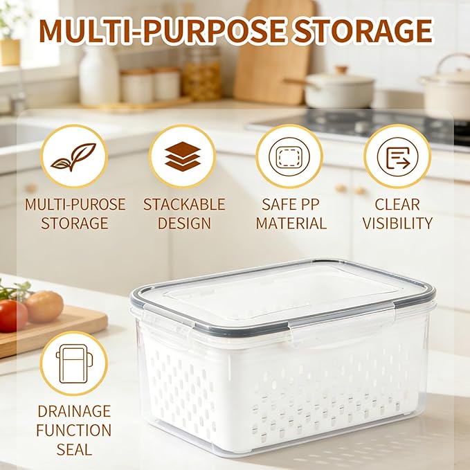 Fruit storage containers for fridge，with detachable drainer basket and airtight seal, stackable produce organizer, prolongs freshness of berries, greens, meats