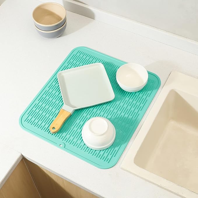 MicoYang Silicone Dish Drying Mat for Multiple Usage,Easy clean,Eco-friendly,Heat-resistant Silicone Mat for Kitchen Counter or Sink,Refrigerator or Drawer Liner Mint XL 18 inches x 16 inches