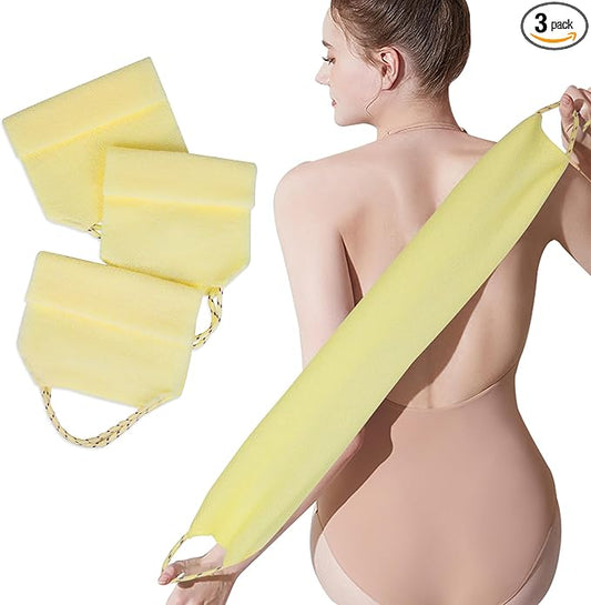 3 Pcs Double-Sided Back Exfoliator Body Scrub Towel, Exfoliating Back Scrubber with Handles,Exfoliating Washcloth Bath Tool in Shower, Stretchable Back Washer to Deep Cleans Skin (Beige)