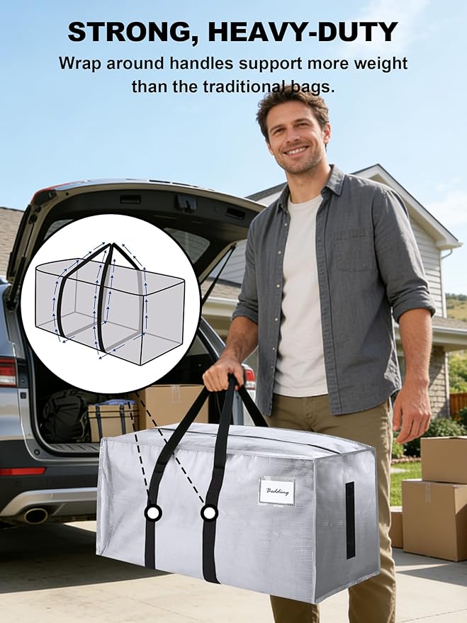 HOMESURE Supports 200lbs Heavy Duty Moving Bags - Strong Zipper & Wrap-Around Handles - Water-Resistant Storage Totes, Durable Alternative to Moving Boxes - 8 Pack - Silver