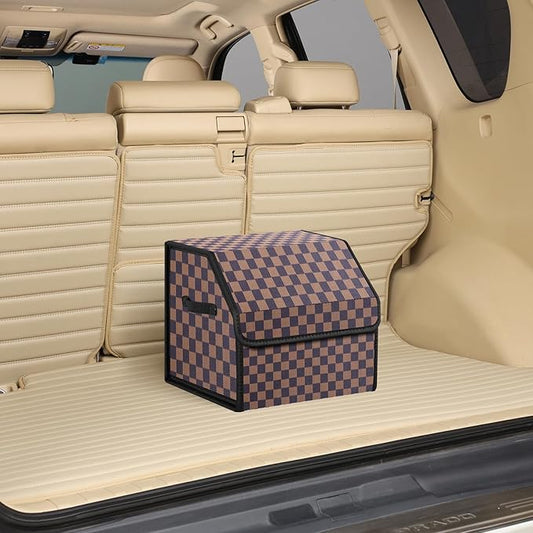 kingmise car organizers and storage for SUV,trunk organizer for sedan, leather foldable sleek box with lid,collapsible cargo bins, tool accessories containers,Chessboard pattern (Coffee grid, Small)