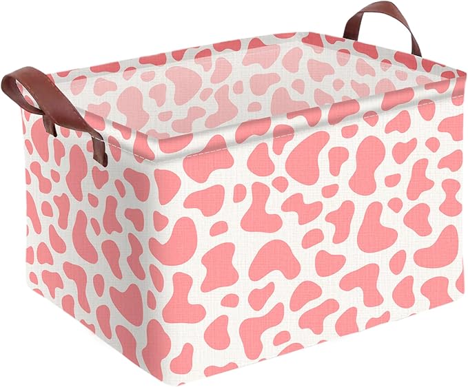Pink Cow Print Storage Basket Waterproof Canvas Toy Storage Bin Cute Room Decor Collapsible Outdoor Basket with Leather Handles Pink Decor Blanket Baskets For Closets,Bedrooms,Gifts Baskets