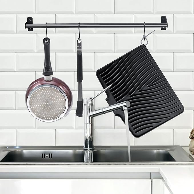 TIKNIK Silicone Dish Drying Mat, Stone Drying Mat for Kitchen Counter with Built-In Drain, Non-Slip Drain Pad with Built-in Drain, Heat Resistant Stone Drying Mat, 1Pcs Black(20" x 15")