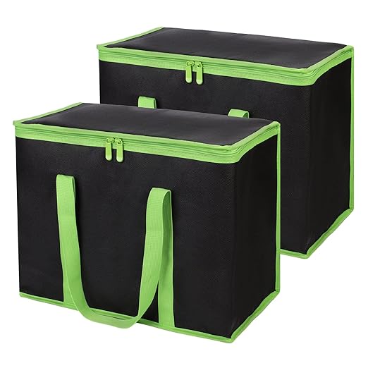 1-Pack Insulated Reusable Grocery Bags, X-Large Insulated Food Delivery Bag for Delivery Drivers, Commercial Food Warmer for Shopping, Tote Cooler Bags, Black with Green Edge