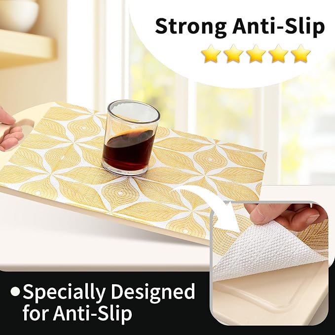 Shelf Liners for Kitchen Cabinets 23.62in x 20FT, Non-Adhesive Cabinet Liner, Strong Non-Slip Golden Leaf Drawer Liner, Easy to Clean for Shelf, Cabinet with Knife and Tape Measure