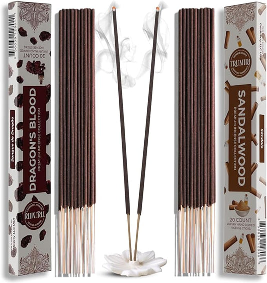 Trumiri Incense Sticks - Combo Pack of 40 Insence-Sticks - 20 Dragons Blood + 20 Sandalwood - Insenses - Insents - Incents - Inscense - Incence - Incienso - All Natural Incense Sticks