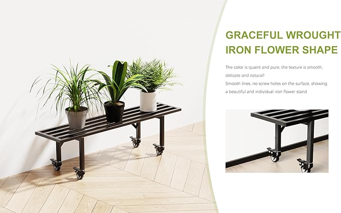 Zhongma One-Tier Metal Plant Stand with Wheels, (35.43 L x 8.66 W x 10.3 H) Heavy-Duty Plant Holder for Home, Window, Garden, Plant Lovers, Display Stand