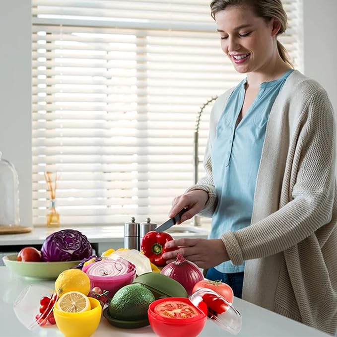 Vegetable and Fruit Storage Containers for Fridge, 4 Pcs BPA Free Reusable Food Saver - Tomato, Avocado, Onion, Lemon Keeper Holder - Refrigerator Vegetable Crisper for Keeping Food Fresh Longer