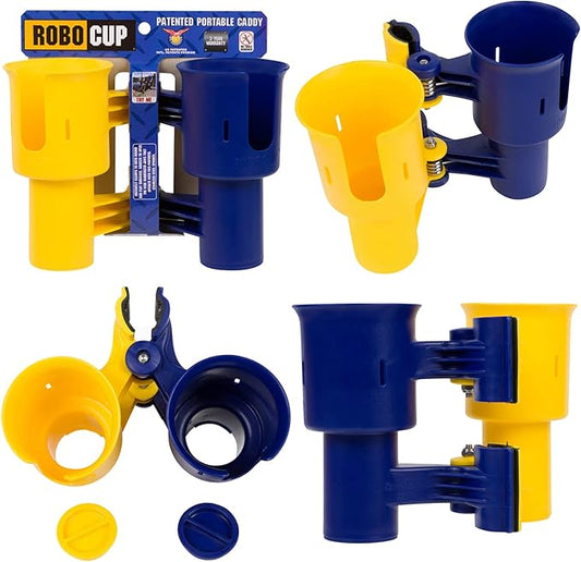 ROBOCUP, (Yellow & Navy), Patented Clamp On Boat Cup Holder |Multifunction Dual Drink Caddy for Fishing Poles, Tools, Net, Gaff |Portable Storage for Boating, Beach, Umbrellas, Golf Carts, Strollers