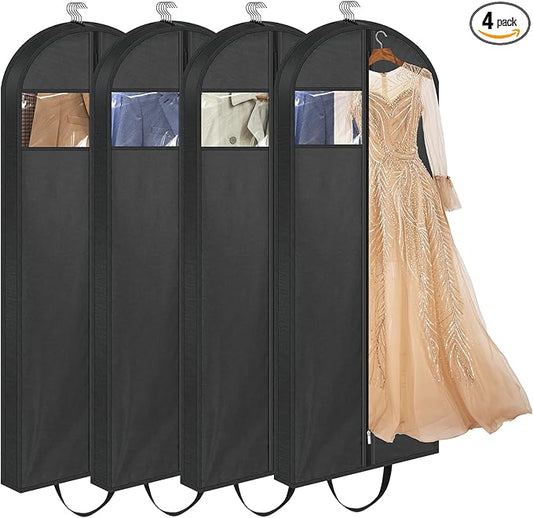 LANDNEOO 65" Long Garment Bags for Travel, Dress Bags for Hanging Clothes, Wedding Dress Cover for Women, Closet Storage for Gowns, Coats, Black, 4 Pack