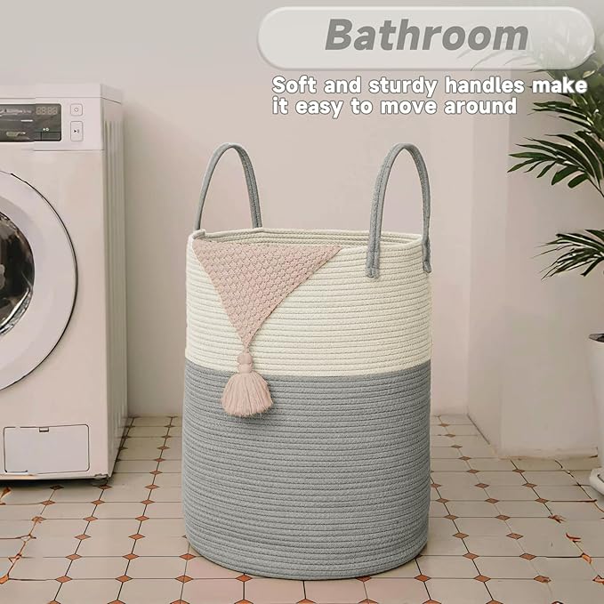 Large Woven Laundry Basket Hamper, 60L Cotton Rope Storage Bin for Blankets, Toys, and Clothes, Decorative Tall Nursery Hamper for Living Room, Baby Nursery, Bathroom, and Bedroom, White and Grey
