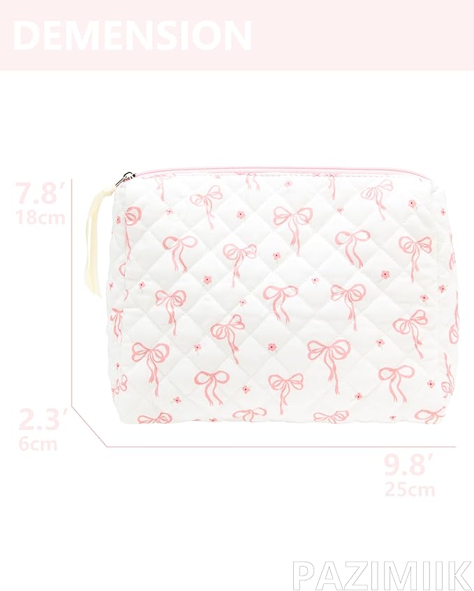 Quilted Makeup Bag Large Travel Zipper Soft Cosmetic Pouch for Women Girls Make Up, Bow Pink