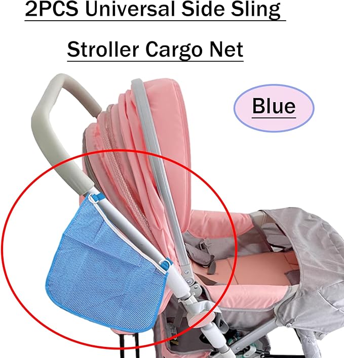 2PCS Universal Side Sling Stroller Cargo Net, Portable Storage Mesh Bag, Stroller Storage Organizer Bag, Non-Slip and Adjustable Straps Side Sling Mesh Organizer (Blue)