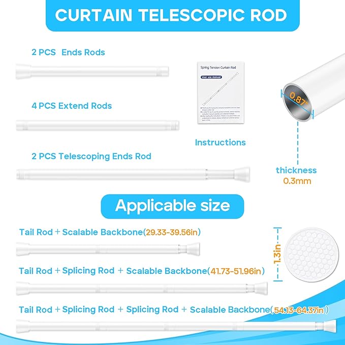 2 Pack Tension Curtain Rod 30 to 64 Inch White Curtain Rod Adjustable Expandable Spring Tension Curtain Rod No Drilling 7/8" Spring Loaded Curtain Rods for Windows Bedroom Closet Doorway Door
