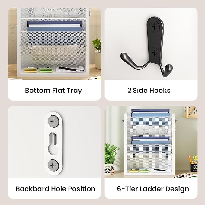Creso hom Mail Organizer Wall Mounted, 6-Tier Wall File Organizer with 2 Hooks, Wooden Desk Organizer Magazine Holder with Bottom Flat Tray, for Office Home, White
