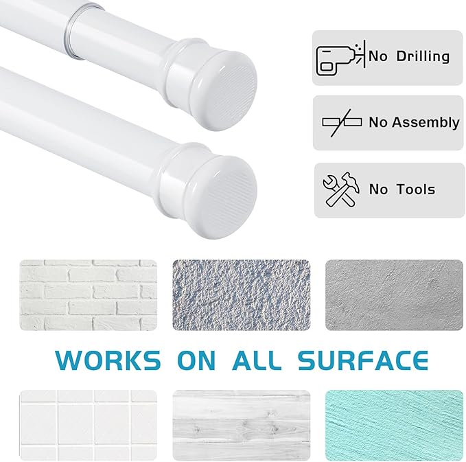 No Sectional Assembly Shower Curtain Rod 28-48 Inch, 1" Diameter Spring Long Adjustable Tension Curtain Rods for Bathroom Windows Closet No Drilling No Rust, White