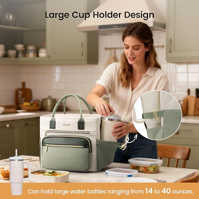 LOVEVOOK Insulated Lunch Bag Women,Wide Opening Adult Lunch Box Women with Cup Holder,Large Leakproof Cooler Bag for Work Picnic Beach Family College Mom,Lunch Teacher Breast Pump Diaper Tote Bag