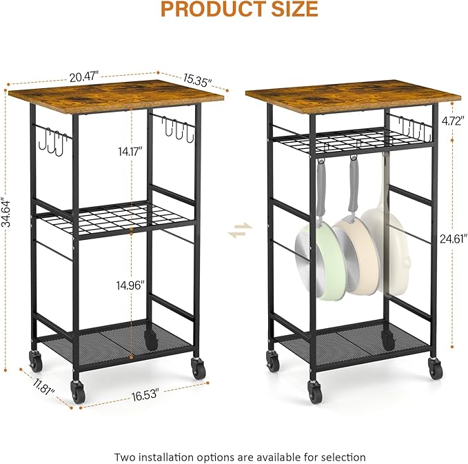 ThreeHio Rolling Kitchen Microwave Cart, 3 Tier Microwave Table Stand with Adjustable Shelf, Kitchen Storage Rack on Wheels, Coffee Station Cart Rack Shelf Organizer for Living Room Office, Balcony