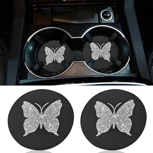 2PCS Bling Butterfly Car Coasters, 2.75'' Anti Slip Insert Cup Holder Coaster, Rhinestone Vehicle Cup Holder Decoration Pad, Universal Auto Interior Drink Water Bottle Mat Accessory (Sliver)