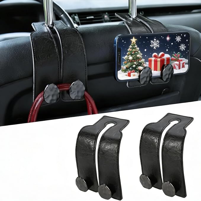 URIZZD 2PCS Leather Car Seat Hooks for Headrest, Vehicle Hanger Storage Organizer Universal for Handbag Purse, Car Accessories Gift (Black-Black)