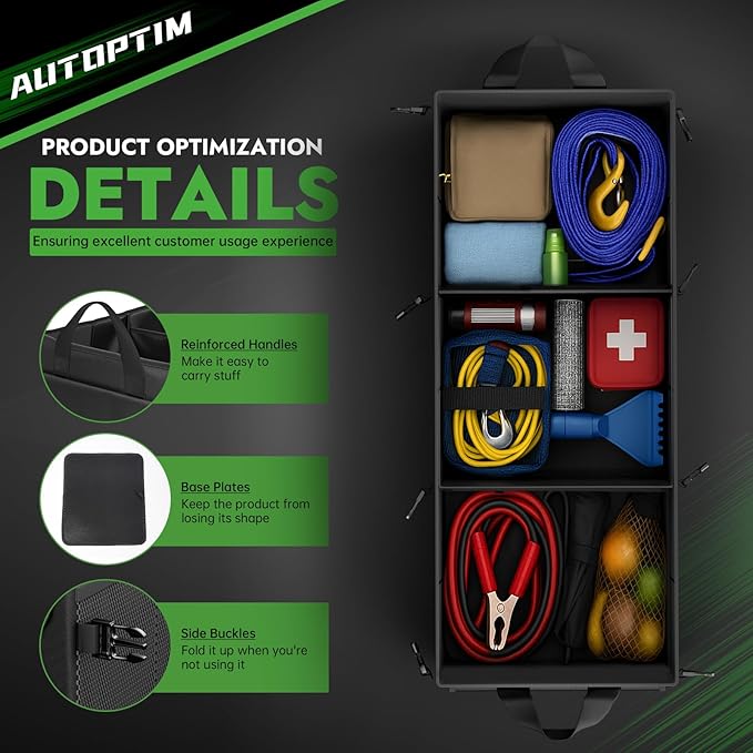 AUTOPTIM Car Trunk Organizer - 85L Collapsible Car Organizer with Non Slip Bottom for Groceries, Trunk Storage with Base Panel for SUV Sedan Van, 3 Compartments (Black, X-Large)