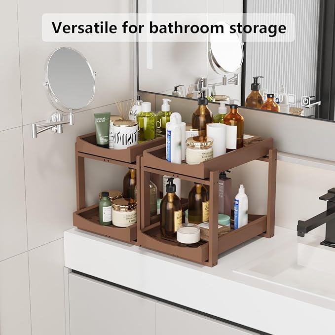 Wisuce Essentials Bamboo Under Sink Organizer Adjustable Height 2 Tier Bathroom Organizer Pull Out Cabinet Storage Kitchen Heave Duty Wood Slide Ou Shelf for Kitchen Bathroom (Brown, 2 Packs)