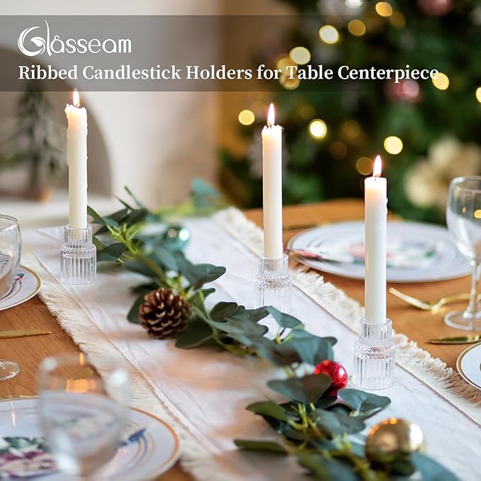 Glasseam Glass Candle Stick Holder: Small Candlesticks for Taper Candles, Bulk Set of 20, Mini Crystal Clear for Wedding Centerpieces Party Decorations