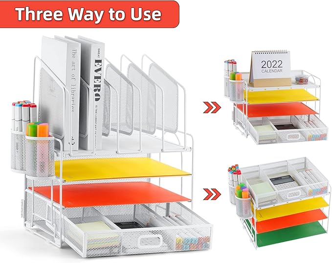 Marbrasse Desk Organizers, 4-Tier Mesh Desk File Organizer with 5 Vertical File Holders and 2 Pen Holders, Multifunction Desktop Organizer, Desk Organizers and Accessories for Home Office (White)