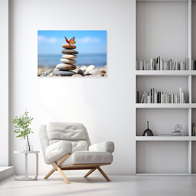 ARTZGX Zen Stone Wall Art Canvas Spa Bathroom Pictures Butterfly Print Meditation Still Life Painting for Yoga Room Decor Frame(Zen - D 20.00" x 30.00")